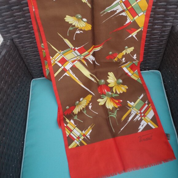 Vintage Retro Scarf From the 60s With Sun Flowers By Vincent Signed Italy - Picture 1 of 11